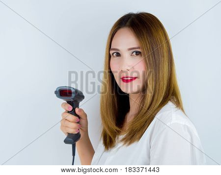 Asian Women Use Bar Code Scanner, On White Background.