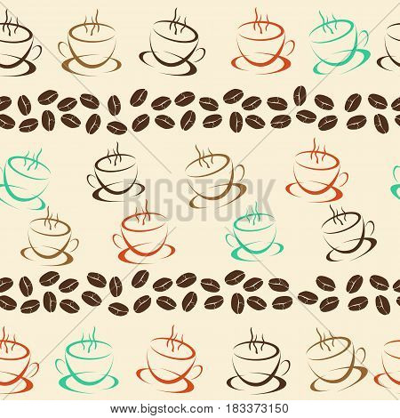 Coffee seamless background for your design. Vector pattern with coffee beans and cups on beige.