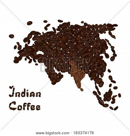 Eurasian continent made from coffee beans with highlighted India. Indian coffee lettering. Vector illustration isolated on white. Concept for selling coffee and decorate coffee shop.
