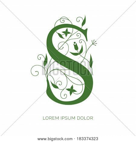 S letter floral design. Creative letter vector logo design. Letter decorated with swirls and flowers ornaments