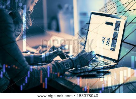 Forex. money technology business concept. Business woman sitting in front of a computer.