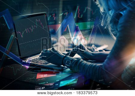Forex. money technology business concept. Business woman sitting in front of a computer.