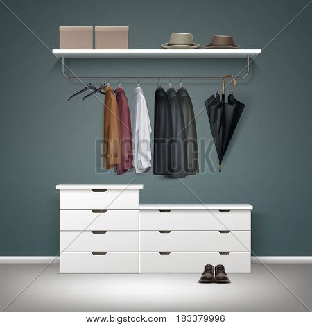 Vector metal clothes rack, white drawers and shelf with Boxes, jacket, coat, shirts, hats black umbrella, shoes front view