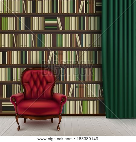 Vector home library interior with large bookcase full of different books, vintage red armchair and dark green curtain