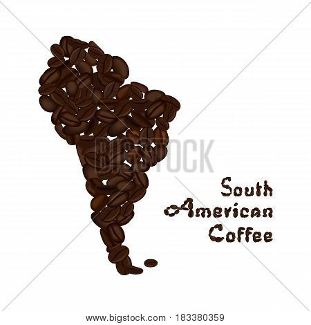South America continent made from coffee beans with highlighted Brazil. American coffee lettering. Vector illustration isolated on white. Concept for selling coffee and decorate coffee shop.