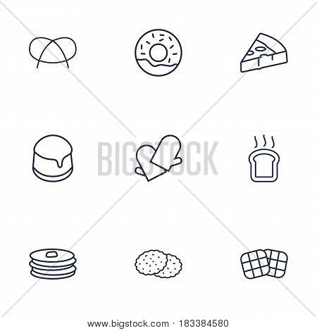 Set Of 9 Stove Outline Icons Set.Collection Of Pizza, Pudding, Gloves And Other Elements.