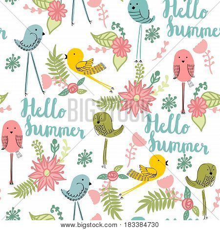 Vector seamless pattern with birds and flowers. Hello summer