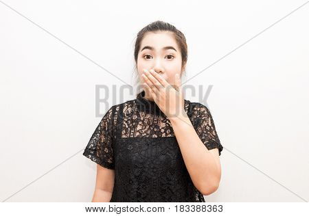 Asia Woman Covering Mouth With Her Hand Look Like Surprise