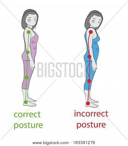 Correct alignment of human body in standing posture for good personality and healthy of spine and bone. Health care and medical illustration