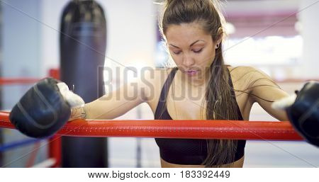 Exhausted female boxer resting with her arms on the ring ropes. Backlit workout photo.