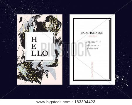 Template of double sided business card in pink, black and gold color. Artistic texture. Brush strokes. Creative abstract background. Cover and reverse side. Suitable for use for the graphic designer.