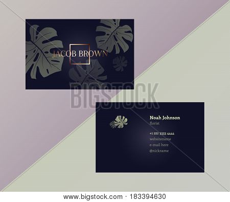 Template of double sided business card in trendy colors. Graphite gray and gold. Monstera leaves. The cover and reverse side. Strict style. Suitable for use for example floral company.