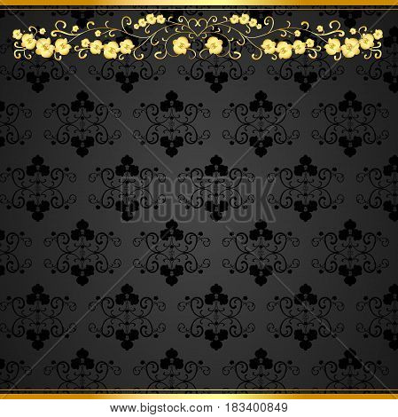 Golden curls with orchids on a black background with velvety texture for business cards