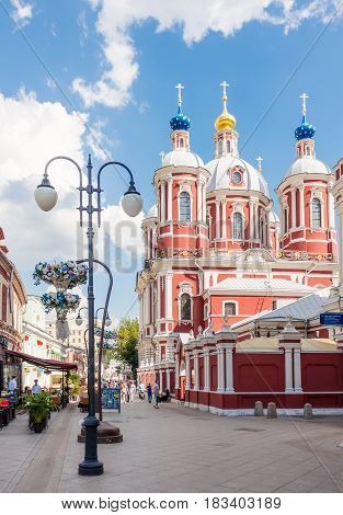 MOSCOW - AUGUST 7 2016: The baroque church of Saint Clement of Rome on Klimentovsky lane. This area was reconstructed and became pedestrian in 2014.