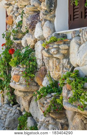 Old natural stone wall with plants growing on it