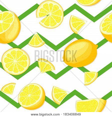 Ripe juicy tropical lemon striped seamless background. Vector card illustration. Fresh citrus yellow lime fruit on green zig zag lines. Seamless pattern for design healthy food diet juce, detox tea