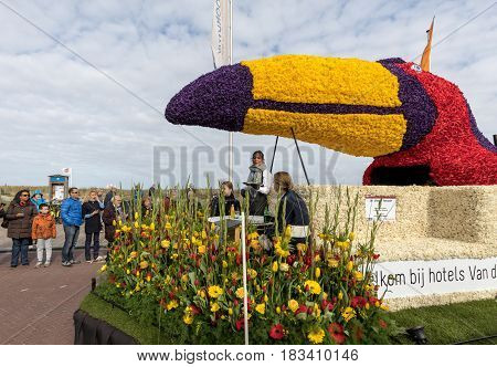 NOORDWIJK NETHERLANDS - 22 APRIL 2017: Platform with tulips and hyacinths follows the route of the traditional flowers parade Bloemencorso from Noordwijk to Haarlem in the Netherlands.