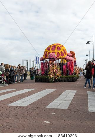 NOORDWIJK NETHERLANDS - 22 APRIL 2017: Platform with tulips and hyacinths follows the route of the traditional flowers parade Bloemencorso from Noordwijk to Haarlem in the Netherlands.