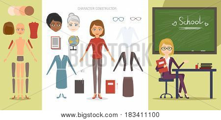Teacher character constructor set. Cartoon vector flat style infographic illustration. A woman working as a pedagogue of different age and race, variations clothes and items needed in the profession