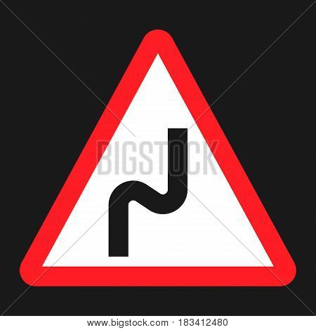 Dangerous double bend sign flat icon, Traffic and road sign, vector graphics, a solid pattern on a black background, eps 10