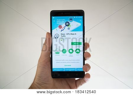 Paris, France, april 22, 2017: Waze application on google play store on smartphone