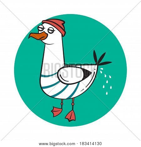 Funny cartoon seagull, craping on rounded background.