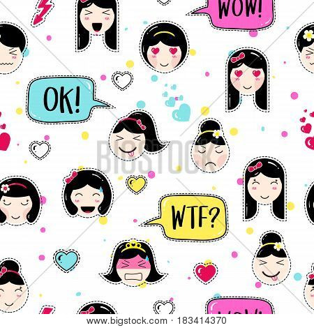 Emoji seamless pattern in asian style with anime emoticons girls. Tillable background for fabric, print, textile, wrapping paper or wallpaper, craft, scrapbook. Cute emoji girls with speech bubbles