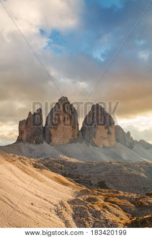 Tre Cime di Lavaredo in beautiful surroundings in the Dolomites at sunset in Italy Europe (Drei Zinnen)