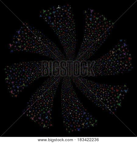 Big Bang fireworks swirl rotation. Vector illustration style is flat bright multicolored iconic symbols on a black background. Object spiral organized from random design elements.