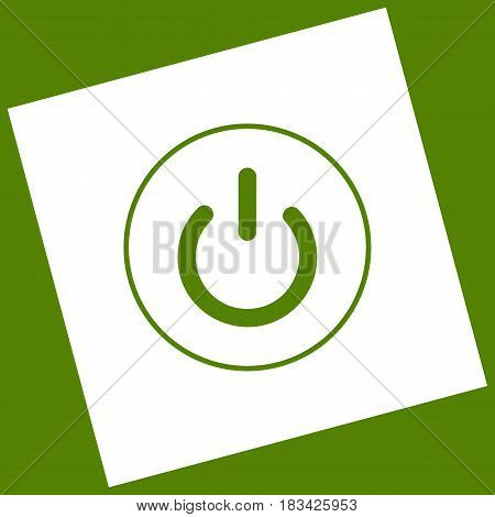 On Off switch sign. Vector. White icon obtained as a result of subtraction rotated square and path. Avocado background.