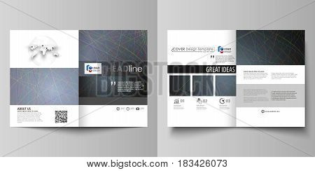 Business templates for bi fold brochure, magazine, flyer, booklet or annual report. Cover design template, easy editable vector, abstract flat layout in A4 size. Colorful dark background with abstract lines. Bright color chaotic, random, messy curves. Col