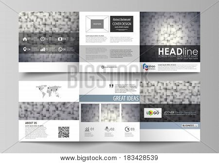 Set of business templates for tri fold square design brochures. Leaflet cover, abstract flat layout, easy editable vector. Pattern made from squares, gray background in geometrical style. Simple texture.