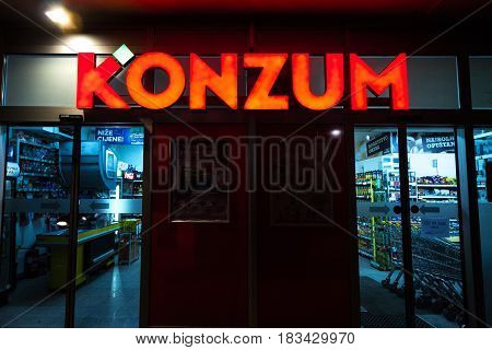 SARAJEVO BOSNIA HERZEGOVINA - APRIL 15 2017: Entrance of a Konzum supermarket in Sarajevo. Konzum is a part of the Agrokor corporation one of the main entreprises of Croatia currently near bankruptcy