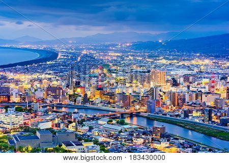 Numazu, Japan Skyline at twilight.