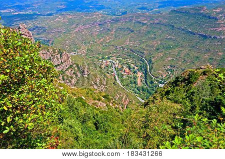 View of the Llobregat river valley from the Monserrat Mountain, near Barcelona, Spain