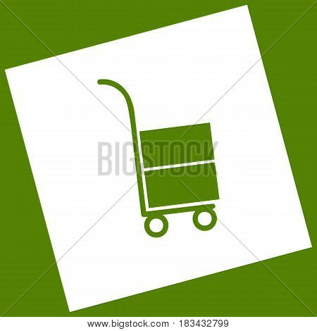 Hand truck sign. Vector. White icon obtained as a result of subtraction rotated square and path. Avocado background.
