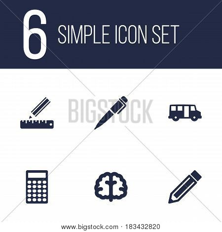 Set Of 6 Education Icons Set.Collection Of Drawing Tool, School Autobus, Calculate And Other Elements.