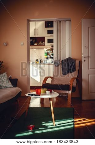 One ordinary home room interior details during sunny day.
