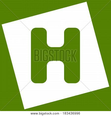 Letter H sign design template element. Vector. White icon obtained as a result of subtraction rotated square and path. Avocado background.