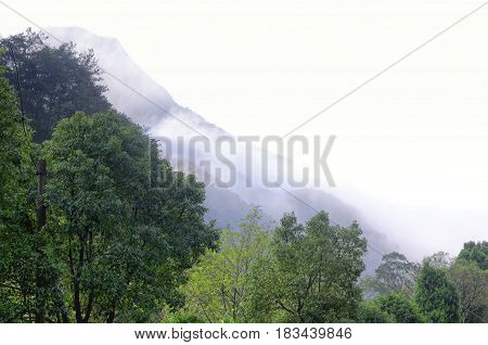 Early morning clouds hanging over Yandangshan or Yandang mountains in China in Zhejiang province.