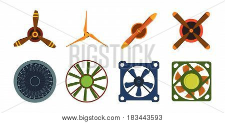 Turbines icon propeller fan rotation technology equipment blade wind ventilator generator vector illustration. Air blower electric industrial ventilators.