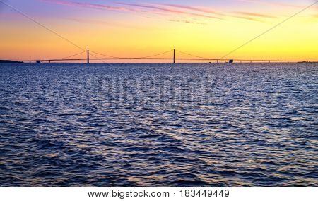 Scenic view of Straits of Mackinac and Mackinac Bridge in Michigan at sunset