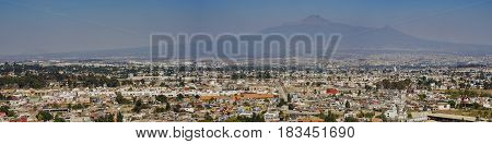 Aerial View Cityscape Of Cholula With Mountain La Malinche