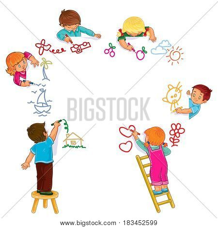 Vector illustration of little boys and girls draw with colored pencils. Print