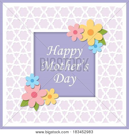 Happy Mother's Day greeting card with white frame and beautiful flower decoration on purple flower diecut background / Mother's day vector illustration.