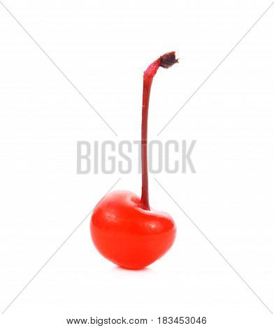 Red fresh maraschino cherry on white background