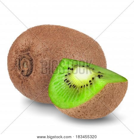 Ripe whole kiwi fruit and half kiwi fruit isolated on white background.