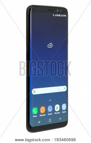 Koszalin, Poland - 25 April, 2017: Black Samsung Galaxy S8 on white background. Samsung S8 are new generation smartphone from Samsung. The Samsung S8 is smart phone with multi touch screen