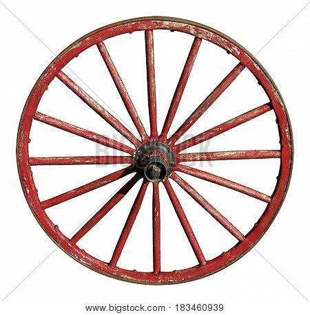 Antique wagon wheel with wooden spokes and rim painted red.