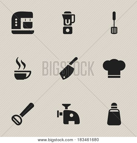 Set Of 9 Editable Cook Icons. Includes Symbols Such As Hand Mixer, Backsword , Meat Grinder. Can Be Used For Web, Mobile, UI And Infographic Design.